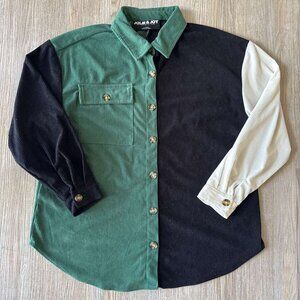 Jolie & Joy Colorblock Corduroy Shacket Size L Green Black Cream Button Down Ove